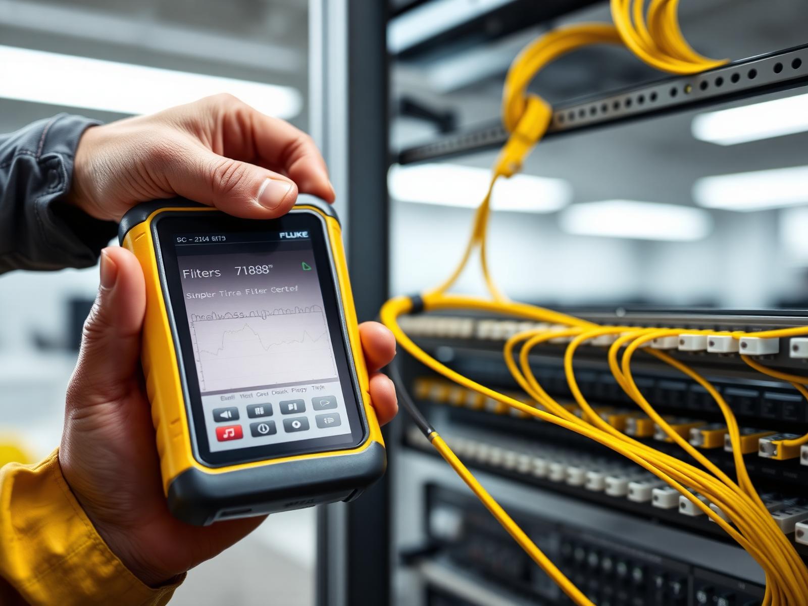 Fiber certification test set attached to an LC patch panel during Tier 1 acceptance testing.