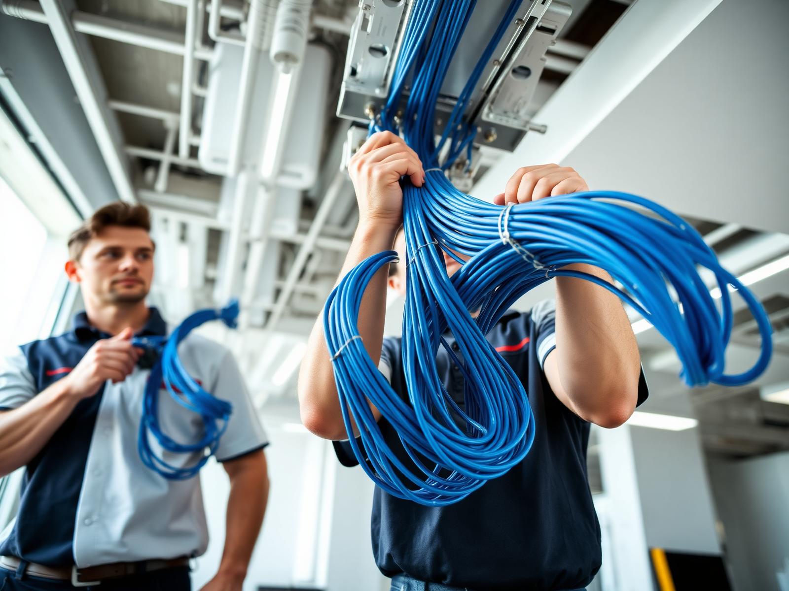 Access Cabling technicians pulling large bundles of blue Cat6 through an overhead cable tray in a commercial office.
