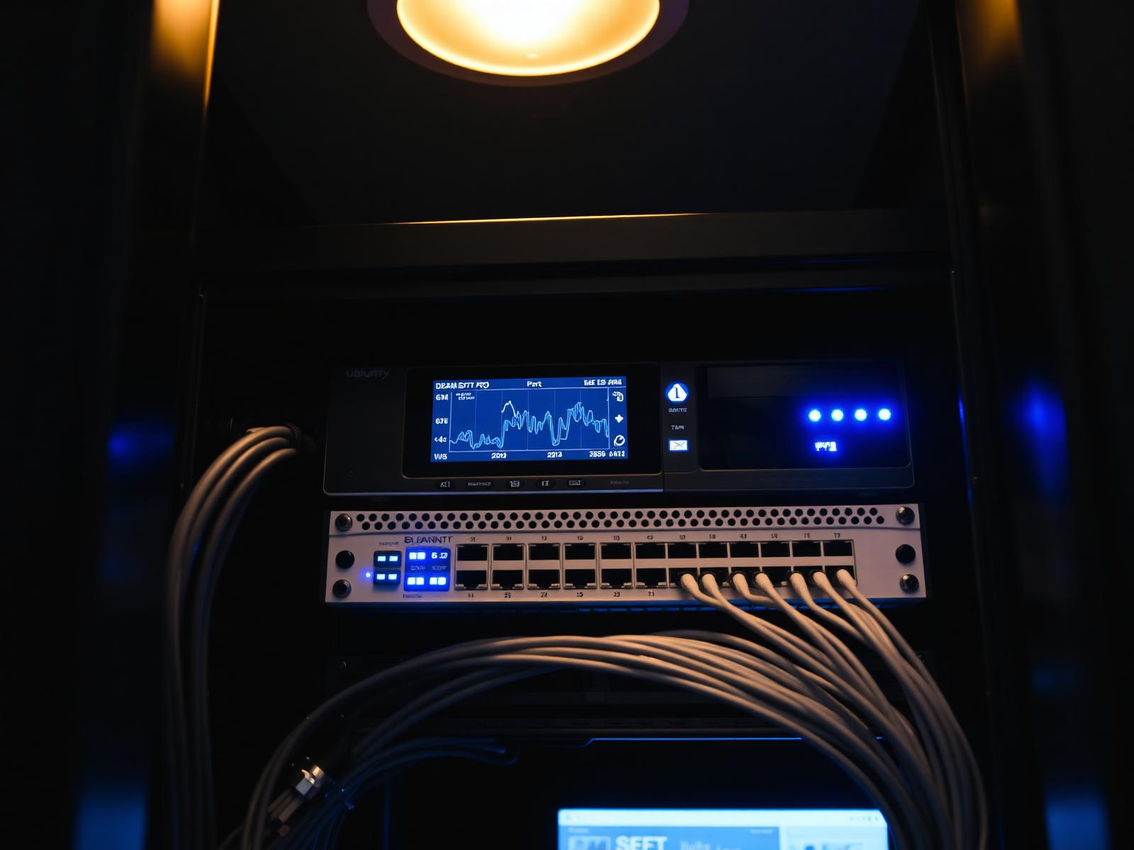 Ubiquiti-style Dream Machine Pro and 24-port PoE switch in a small office IT rack.