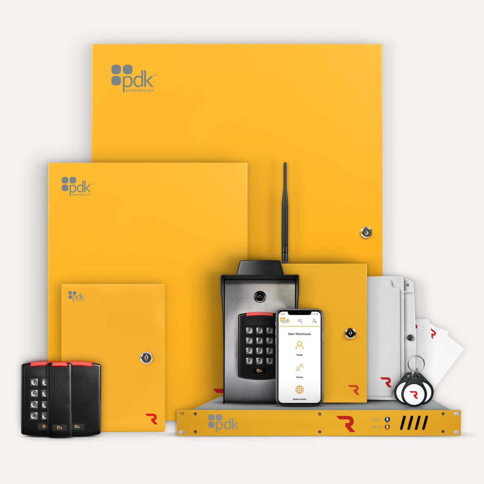 PDK ProdataKey Red controller family — Red 1, Red 2, Red 4 and Red 20 cloud-managed access control panels with mobile app.