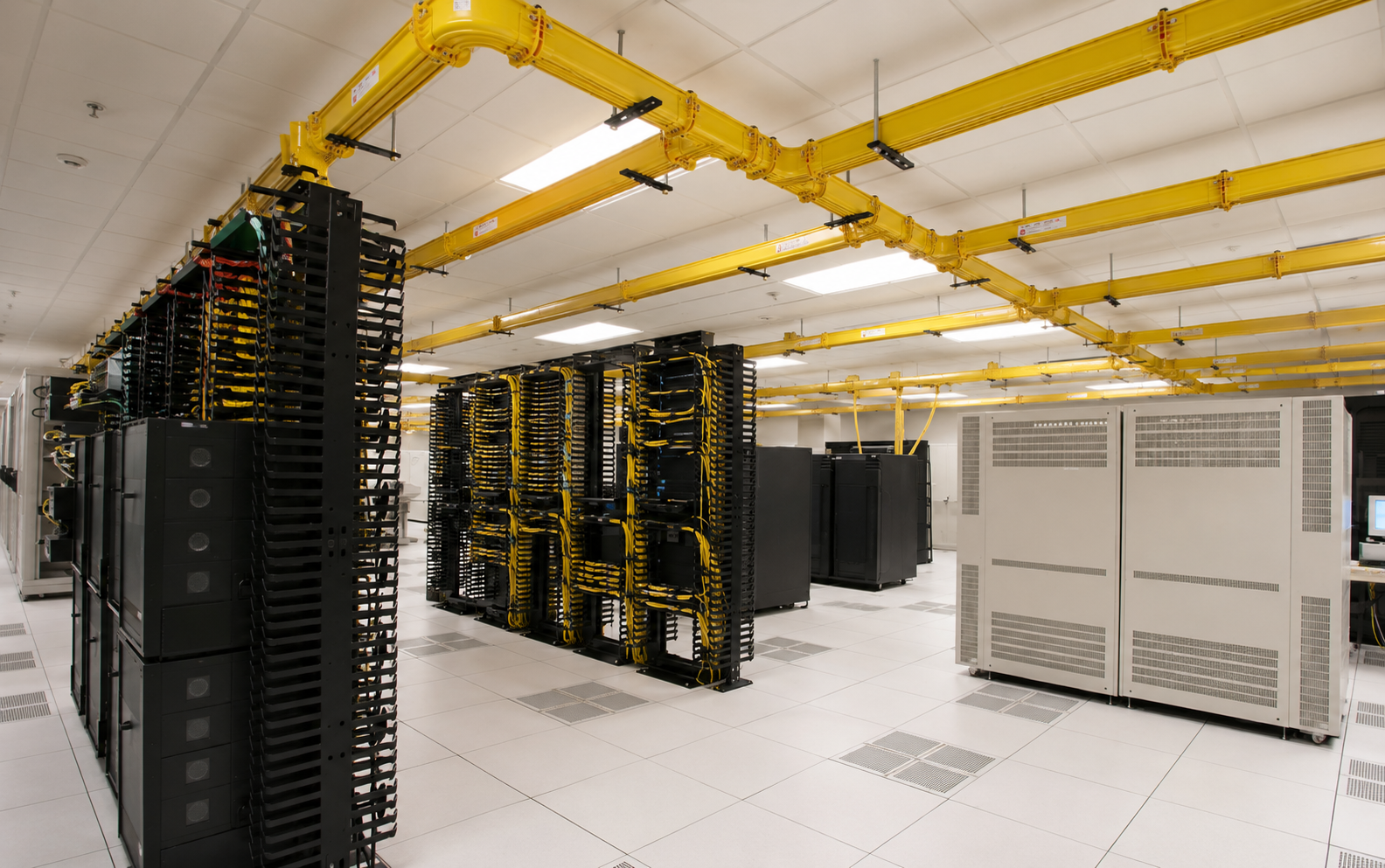 Enterprise data center hall with rows of black equipment racks, dense yellow cabling and overhead yellow fiber tray/runway systems — structured cabling infrastructure built by Access Cabling.