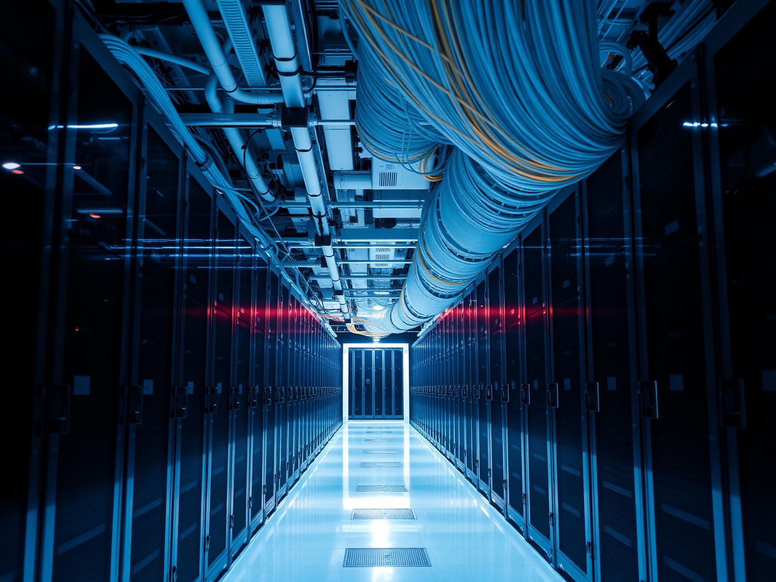 Hyperscale data hall with dense fiber trunking overhead between rows of compute cabinets.