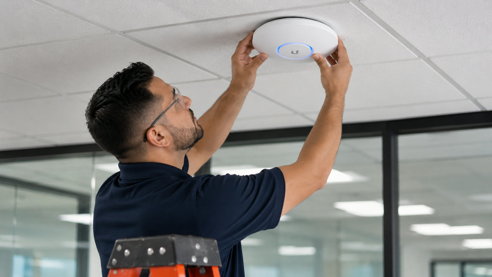 Wireless network deployment: ceiling access point mounted in a modern office.