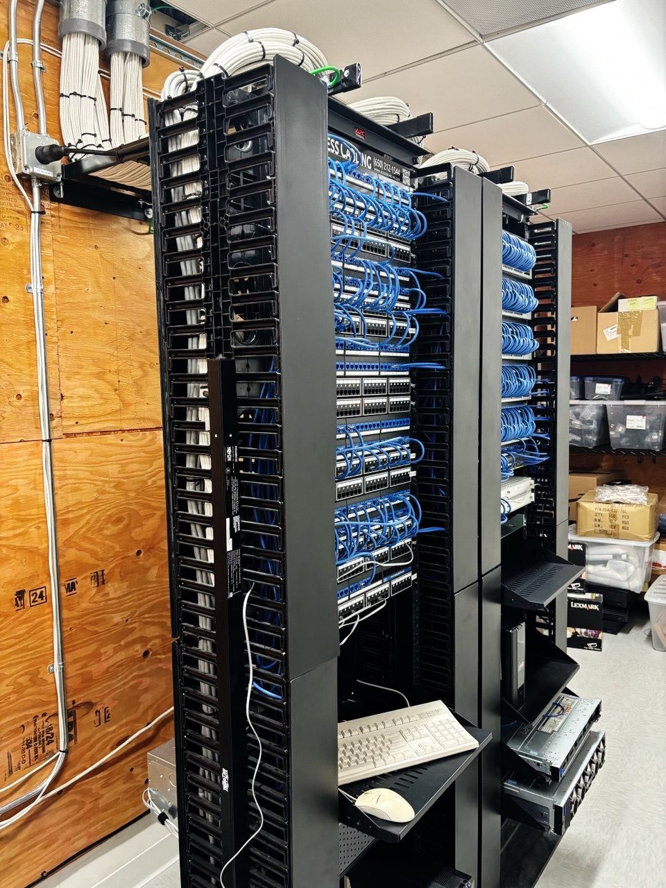 Full APC 19" rack elevation in a Los Angeles telecommunications room with Panduit vertical cable managers on either side of dense blue Panduit CAT6 patch cords feeding stacked patch panels and PoE switches, installed by Access Cabling.