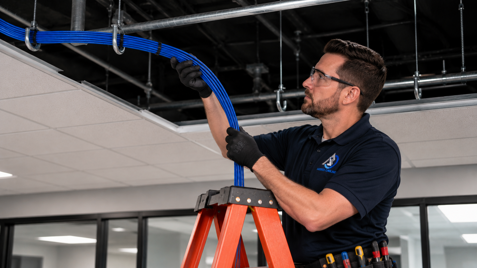 Access Cabling technician on an orange step ladder dressing a bundle of blue Cat6 cables above a suspended ceiling grid in a commercial office.