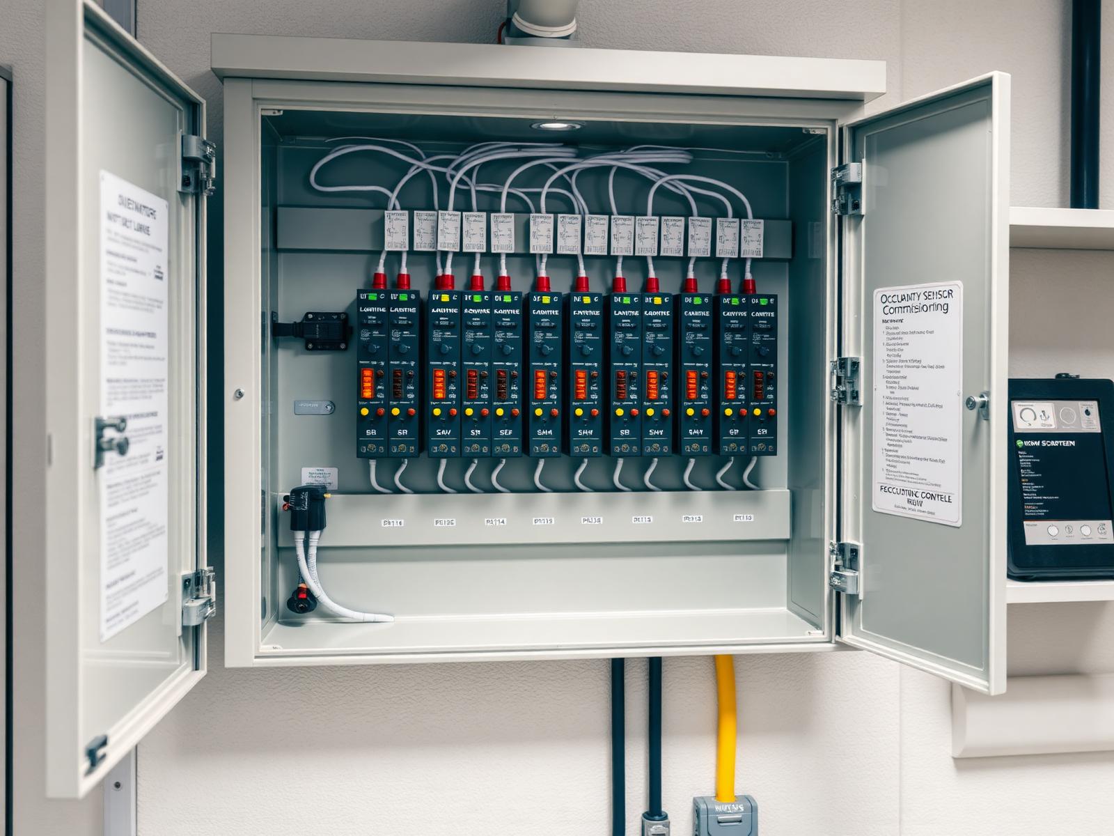 Networked lighting automation control cabinet with relay modules and control wiring.