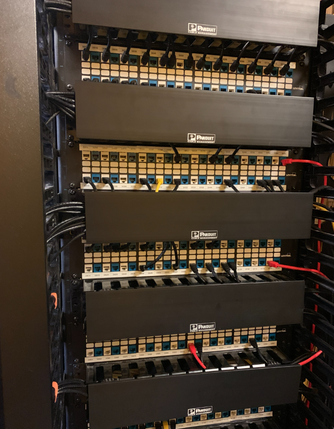 Close-up of Panduit patch panels with organized cable management and labeled ports.
