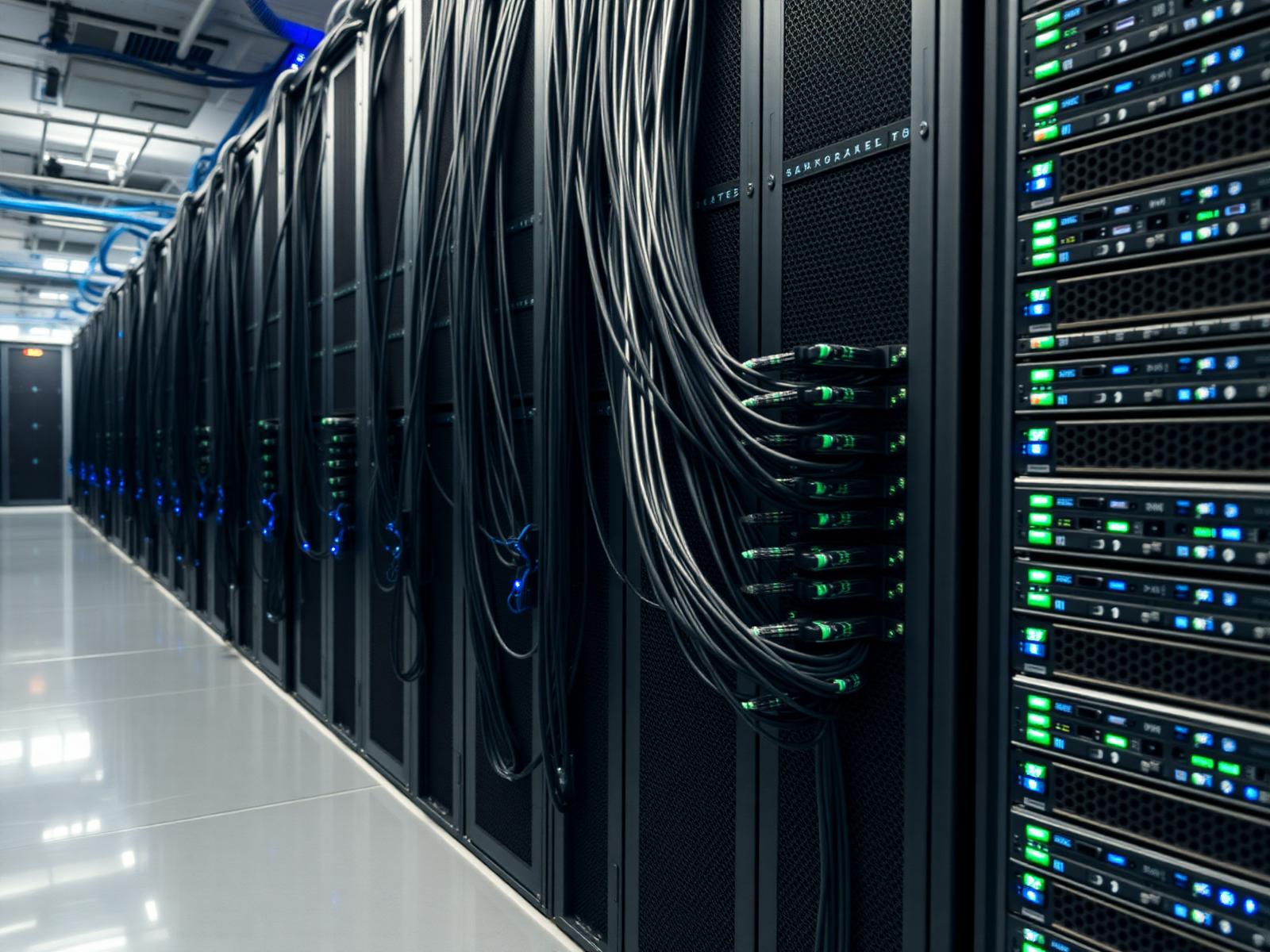 Dense Cat8 top-of-rack copper patching between hyperscale switches in a modern data hall.