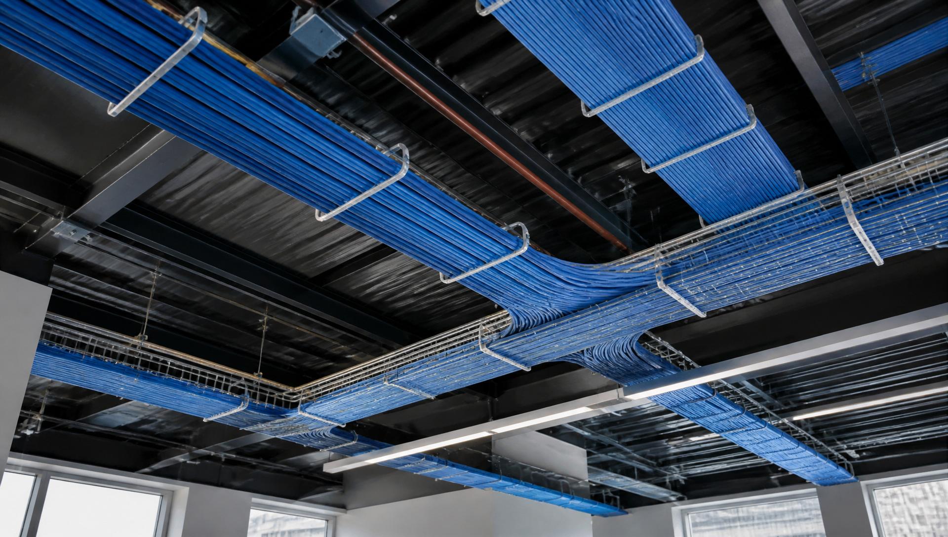 Commercial office workstation cabling delivered from an overhead cable tray during a relocation.