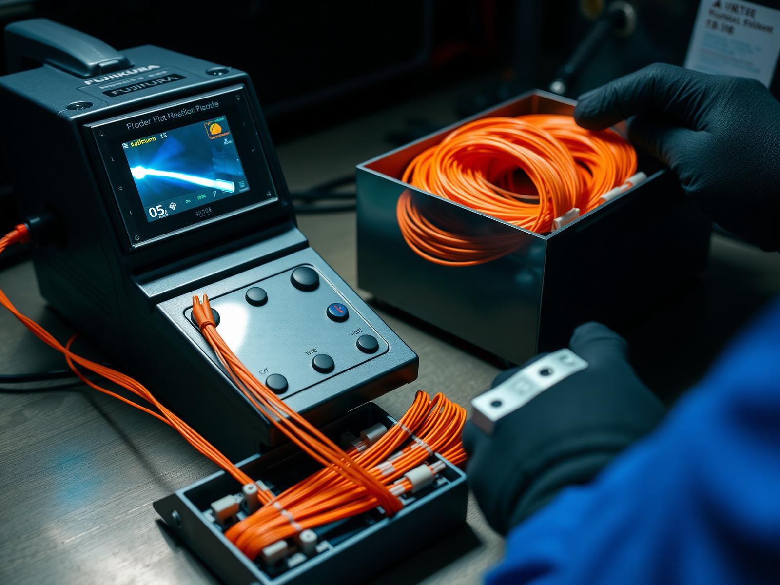Fiber technician operating a Fujikura-style fusion splicer beside a coil of orange OM4 fiber pigtails.