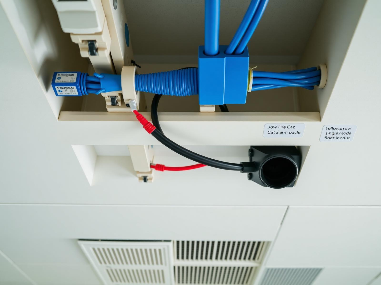 Overhead paging speaker cabling routed through a suspended ceiling plenum.