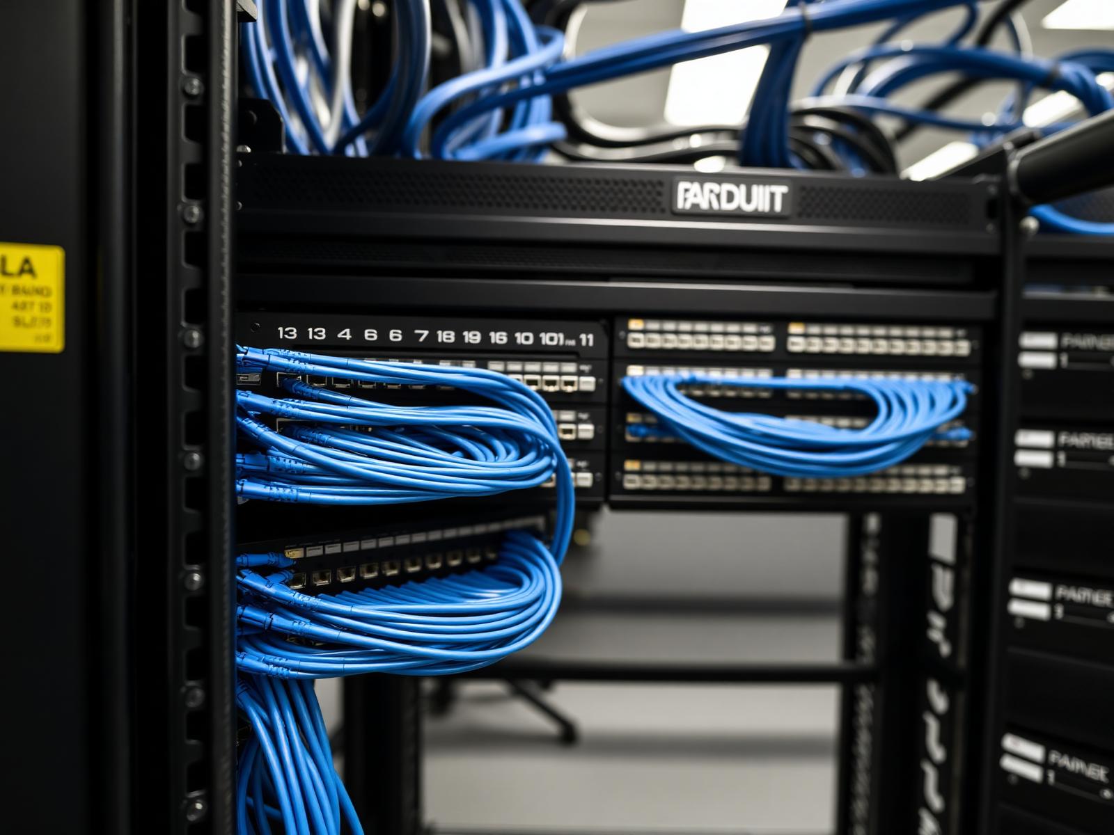 Panduit structured-cabling rack with dressed blue Cat6 patch cords and labeled patch panels in a modern MDF.