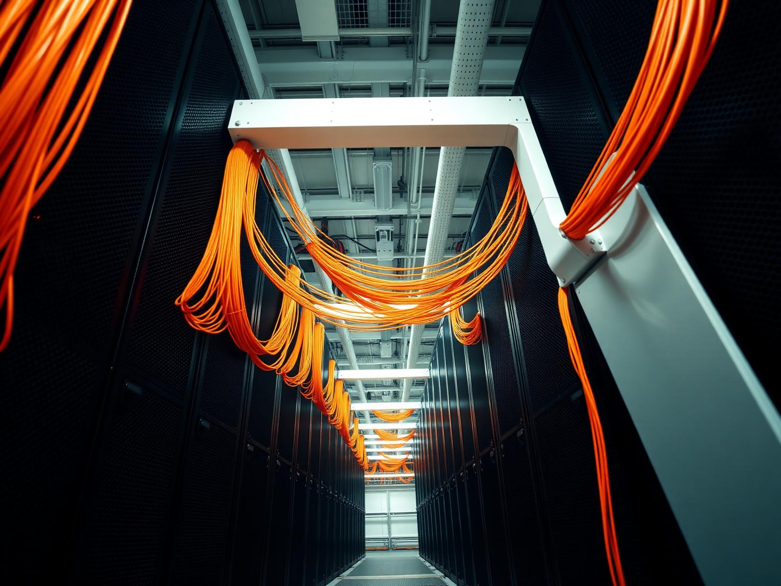 Overhead OM4 fiber trunks running along Panduit FiberRunner between rows of enterprise data center cabinets.