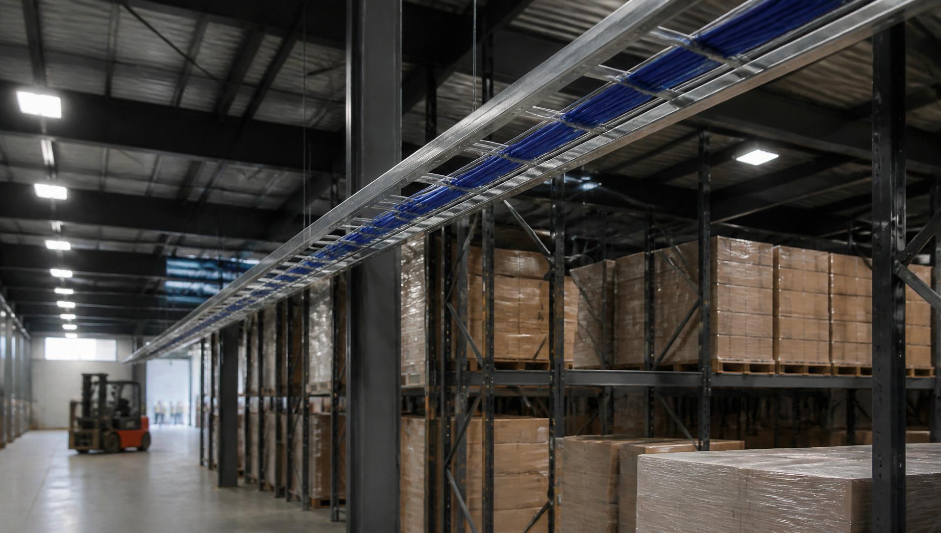 Overhead wireless access point mounted to a warehouse ceiling grid over racking aisles.