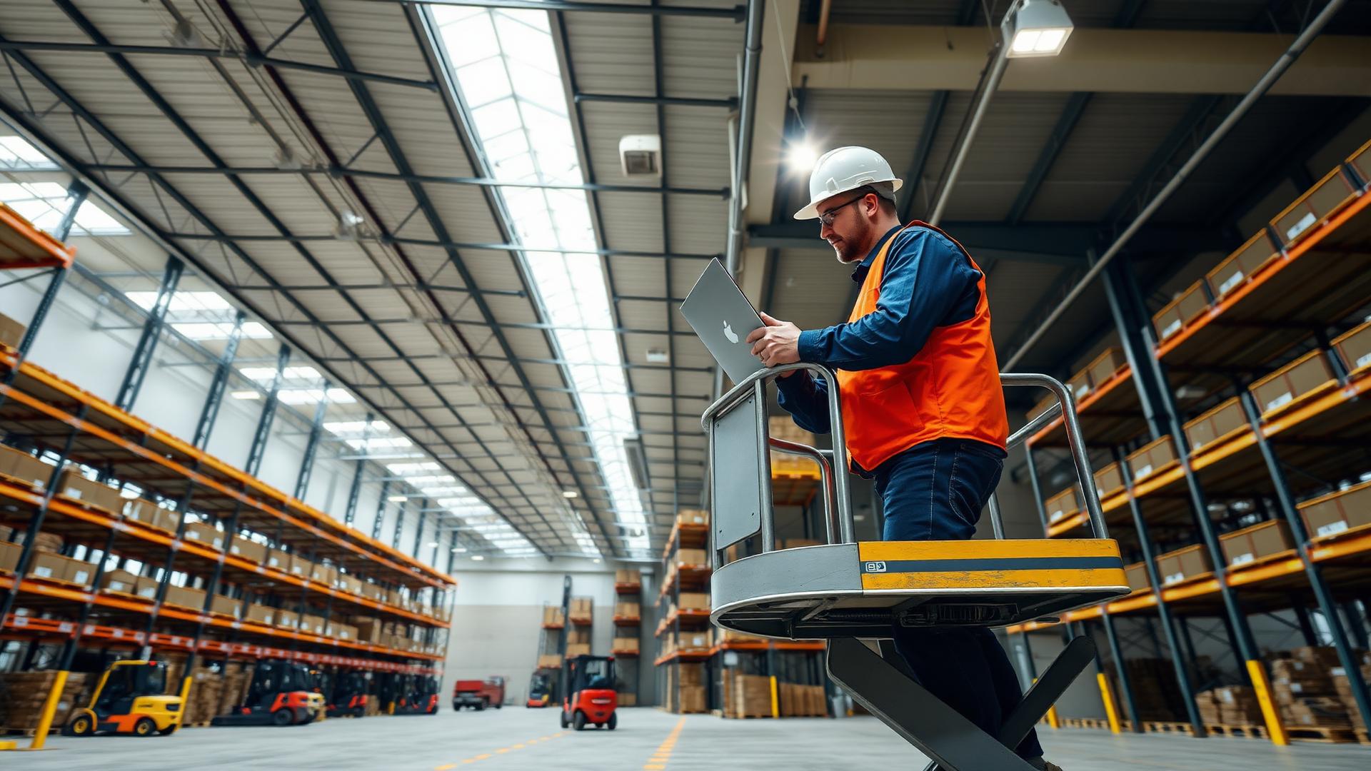Warehouse racking aisles served by overhead Cat6A cabling supporting PoE APs and scanners.