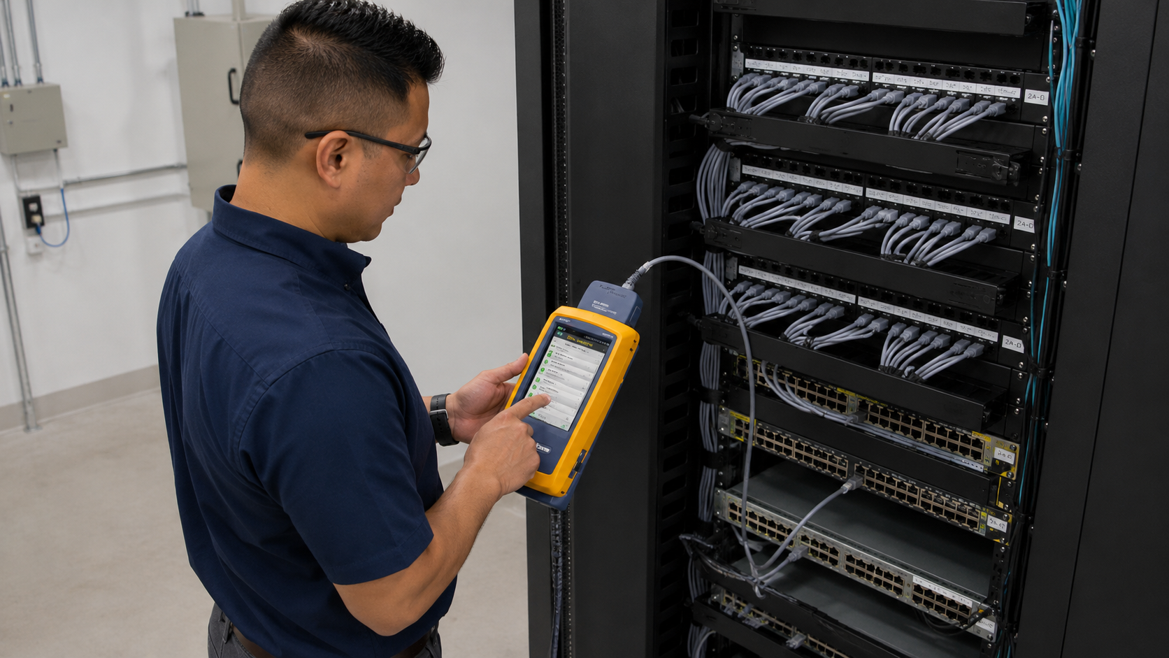 Access Cabling technician using a Fluke Versiv cable analyzer to certify copper links at a labeled patch panel in a commercial network rack.
