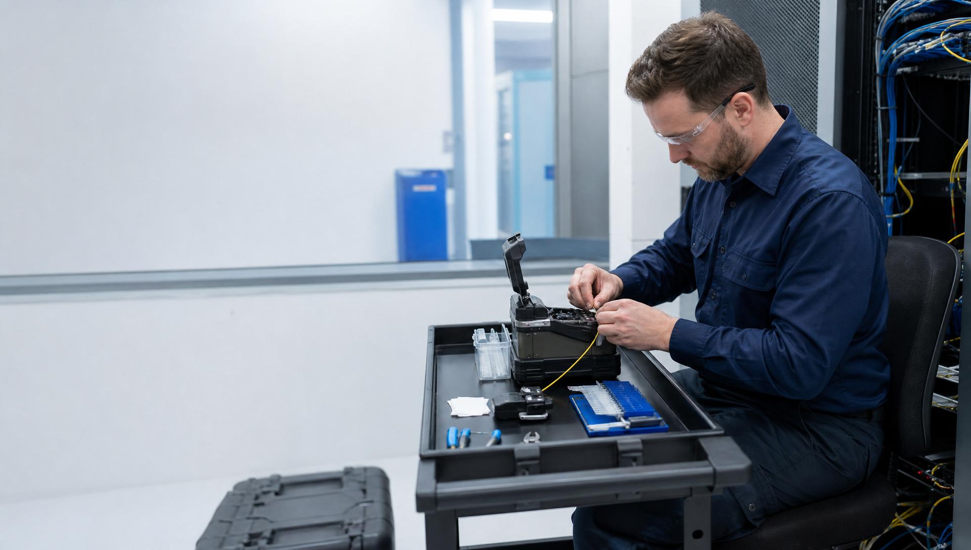 Fusion splicer, fiber pigtails and OTDR trace during commercial fiber troubleshooting.