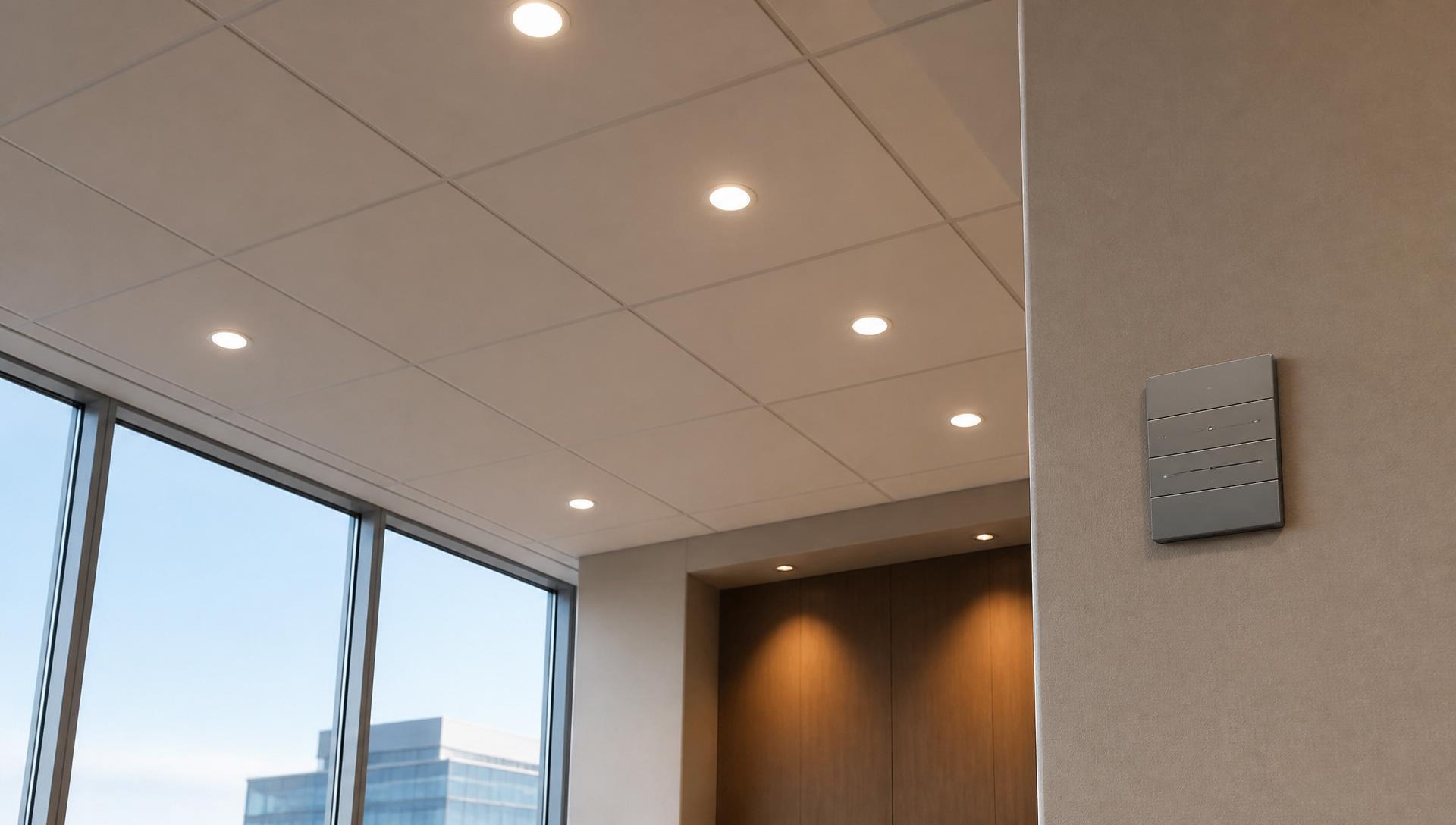 Title 24 lighting-control panel and low-voltage cabling in a modern commercial building.