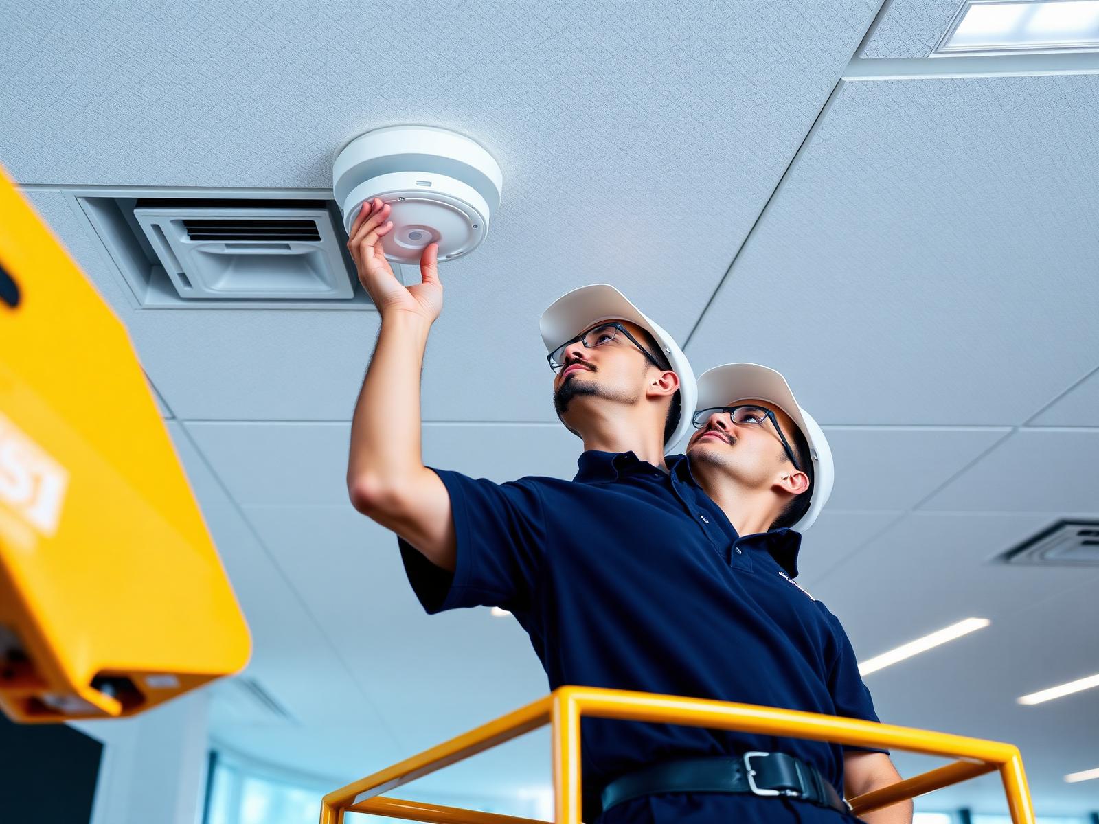 Technician on a scissor lift installing a white ceiling access point in a corporate office.