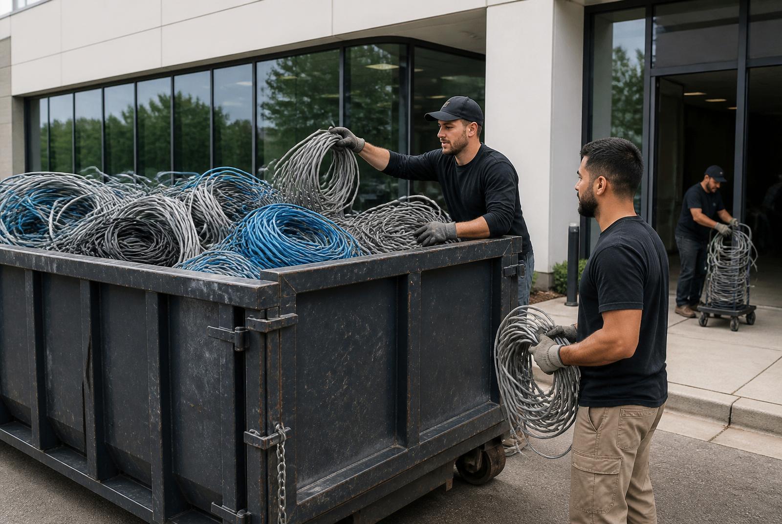 Technicians loading abandoned copper cabling into an industrial dump container outside a commercial building for NEC 800.25 compliant removal.