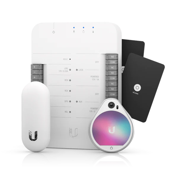 UniFi Access starter kit — Access Hub with wireless dongle, NFC fob and cards for a small commercial office deployment.