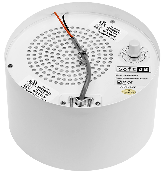 Soft dB SMS-STR upward-firing sound masking speaker in matte white