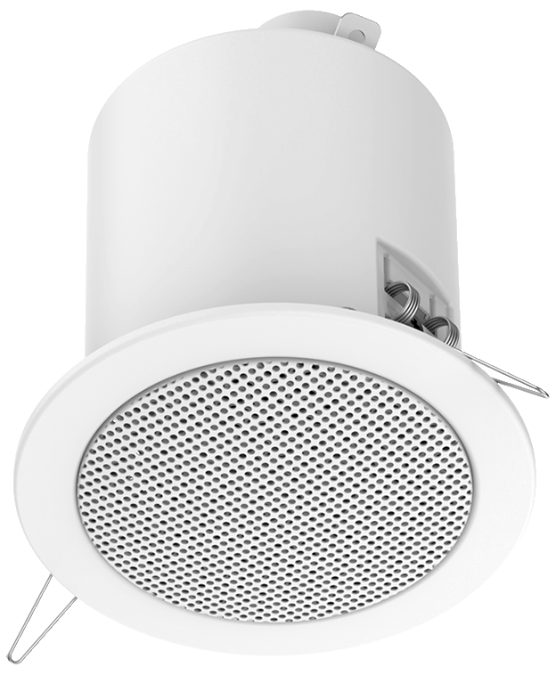 Soft dB recessed sound masking speaker with mounting spring clips for a suspended ceiling tile