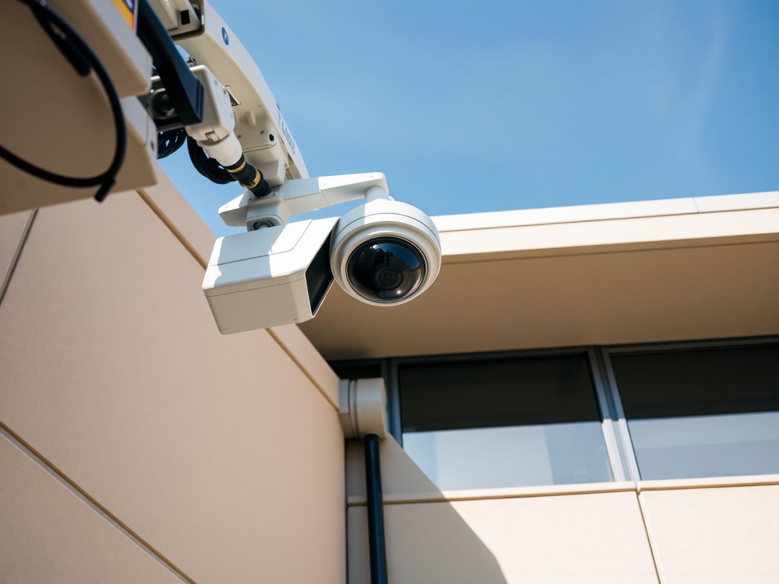 Exterior IP dome camera install under the eave of a commercial building from a boom lift.