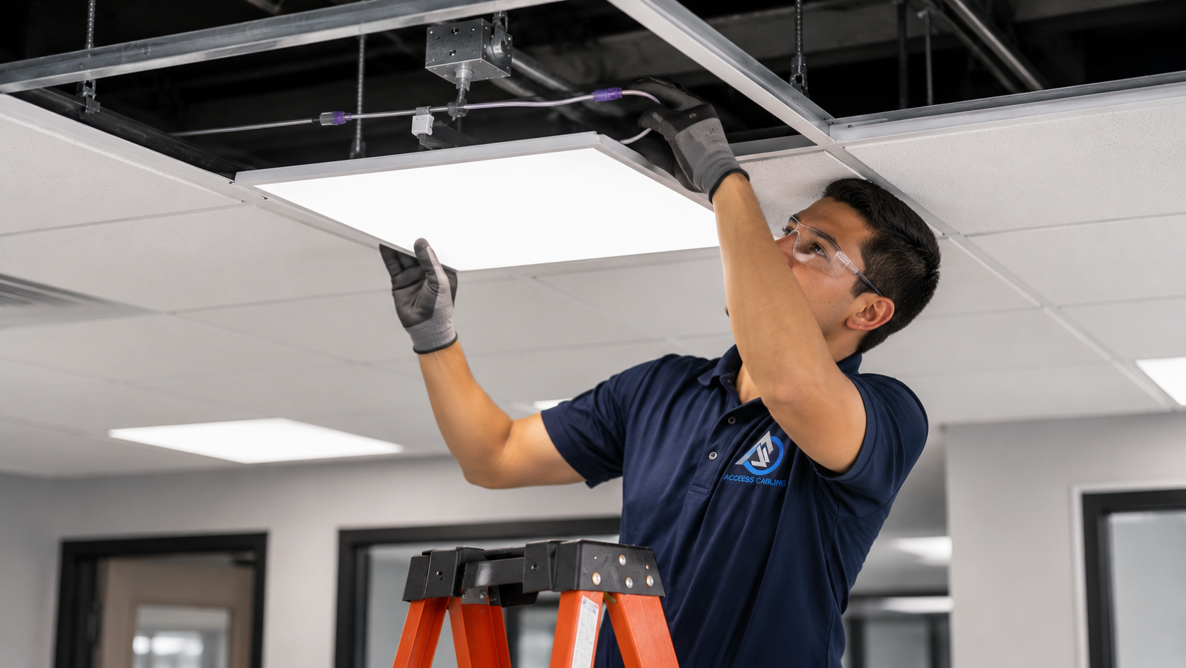 Access Cabling electrician on an orange step ladder wiring a recessed LED light fixture into a suspended ceiling grid in a commercial office.