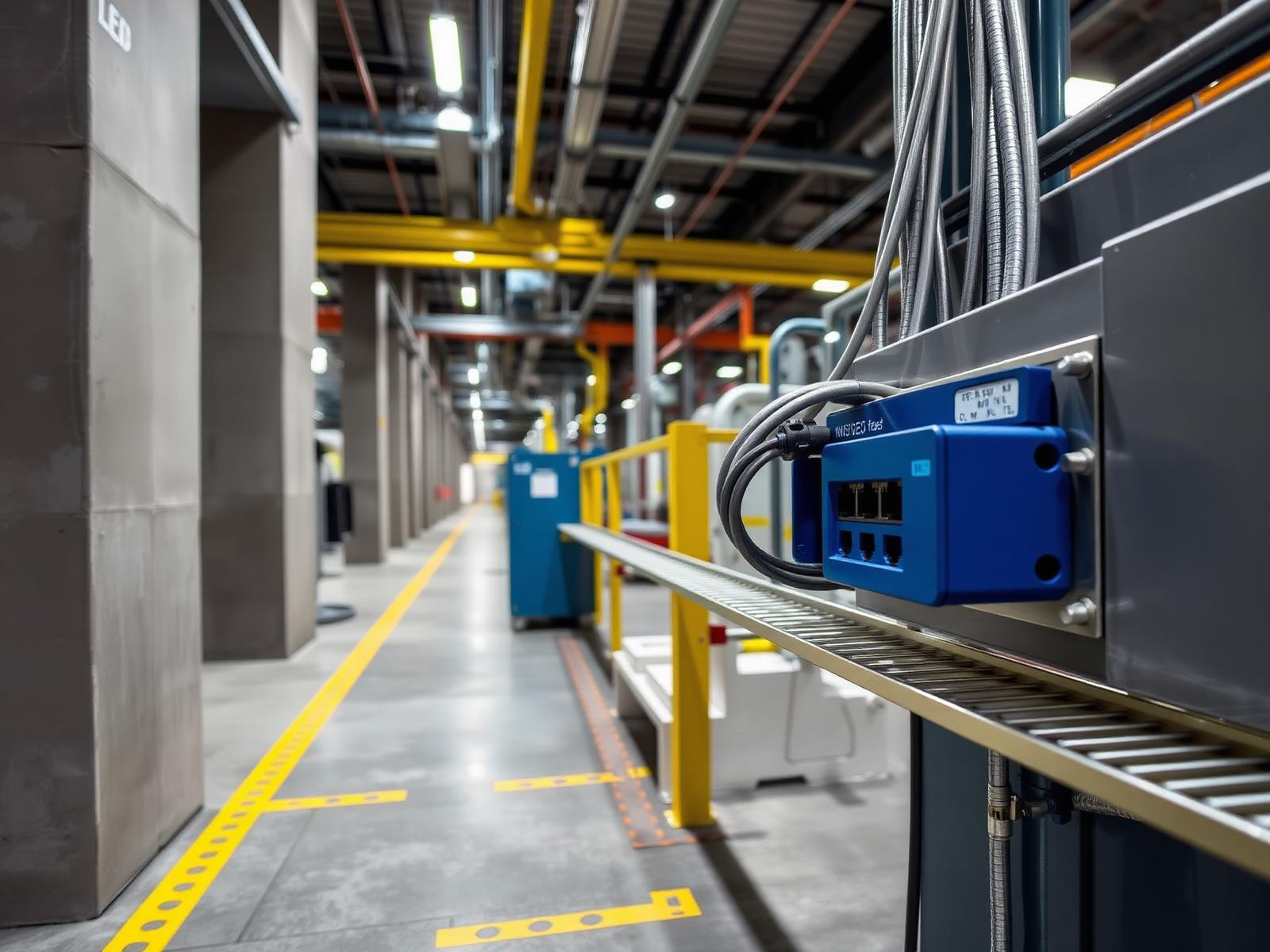 Industrial cabling routed through EMT conduit to an Ethernet switch on a plant floor.
