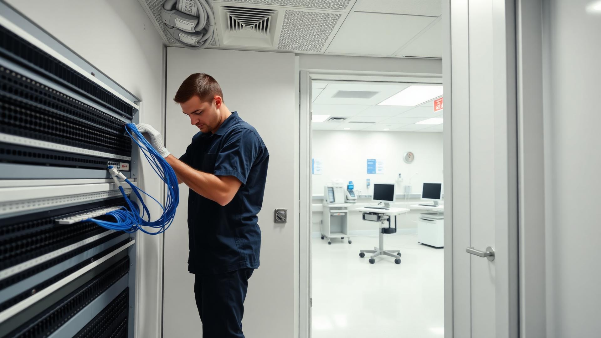 Corridor of a commercial healthcare facility served by structured low-voltage cabling.