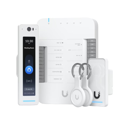 UniFi Access G3 Pro touchscreen reader, hub, wireless mesh and NFC fobs — enterprise access control starter kit.